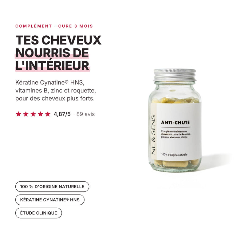 Compléments alimentaires anti-chute NL & SENS, packshot et promesse
